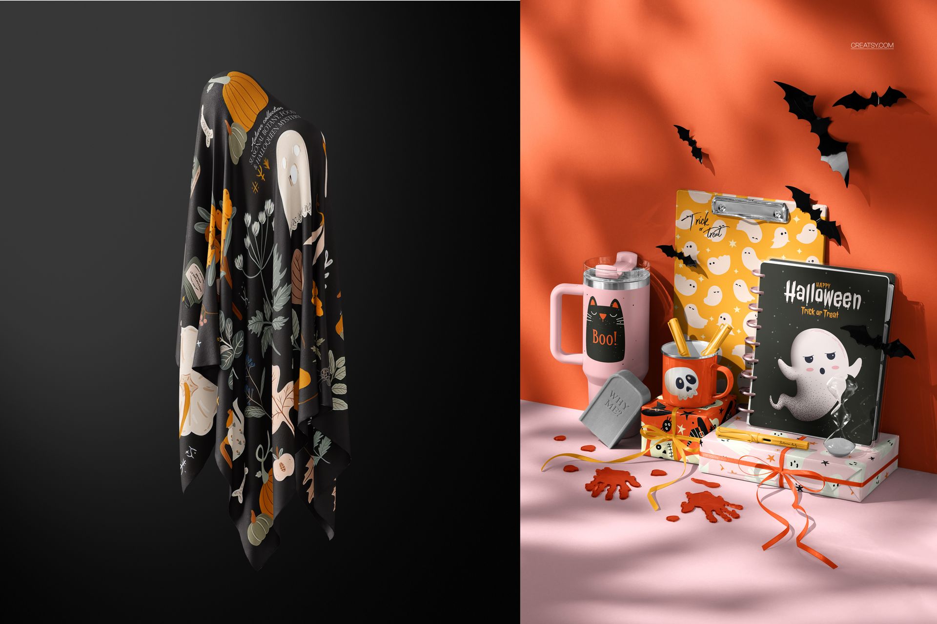 Halloween-themed PSD mockup set featuring a dark patterned cloth and festive props with orange and black accents.