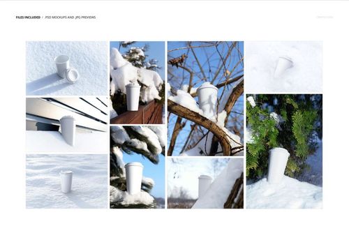 Winter-themed PSD mockup set featuring paper cups in different outdoor snowy scenes, highlighting drinkware in nature.