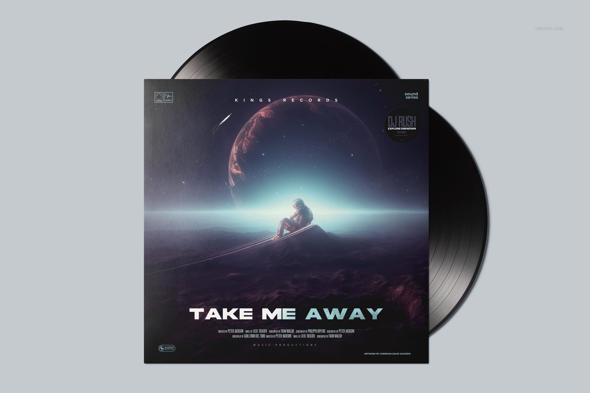 Front view of a black vinyl record mockup set featuring a space-themed album cover and minimal background.