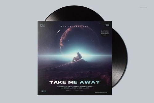 Front view of a black vinyl record mockup set featuring a space-themed album cover and minimal background.