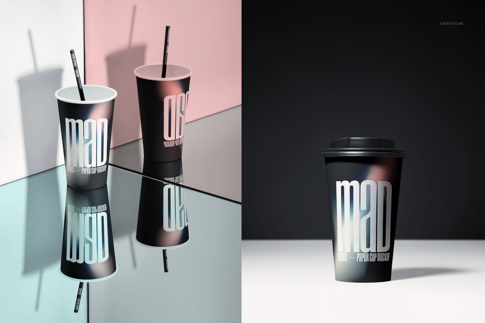 Paper cup mockup set showing two cups with straws on a mirrored surface and one cup with a lid against a black backdrop.