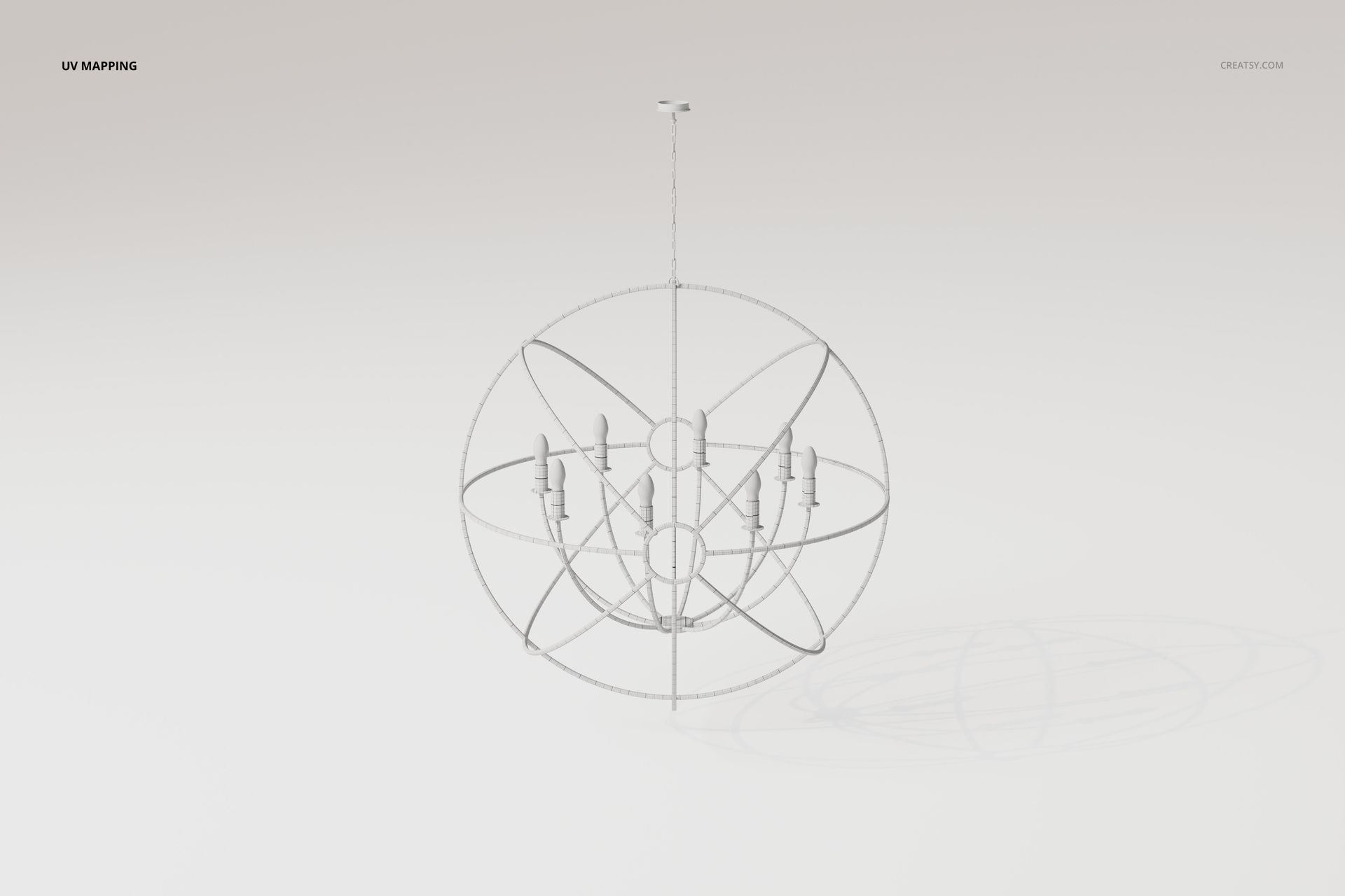 Front view of a modern Sputnik style chandelier 3D model with spherical metal frame and multiple light bulbs, set against a plain white background.