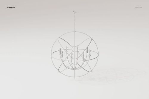 Front view of a modern Sputnik style chandelier 3D model with spherical metal frame and multiple light bulbs, set against a plain white background.