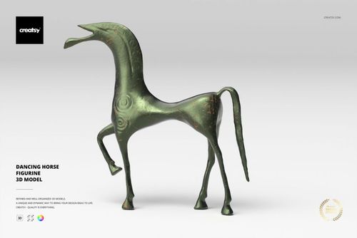 Antique-style horse figurine with elongated neck and raised leg, metallic green finish, front side view on light background.