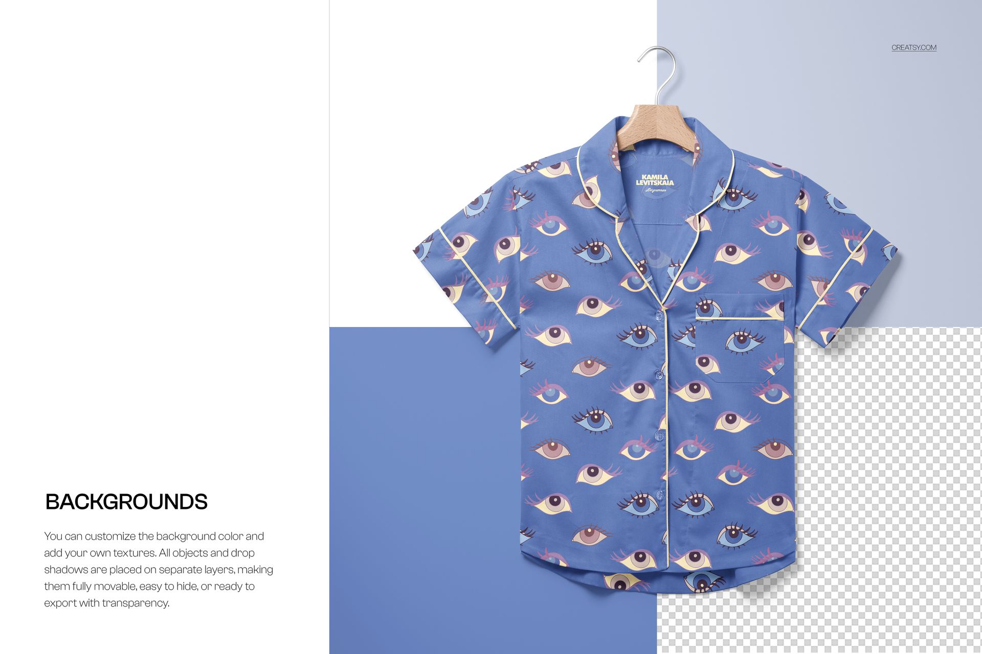 Front view of a short-sleeve pajama shirt mockup with an eye pattern, displayed on a wooden hanger against a split background.