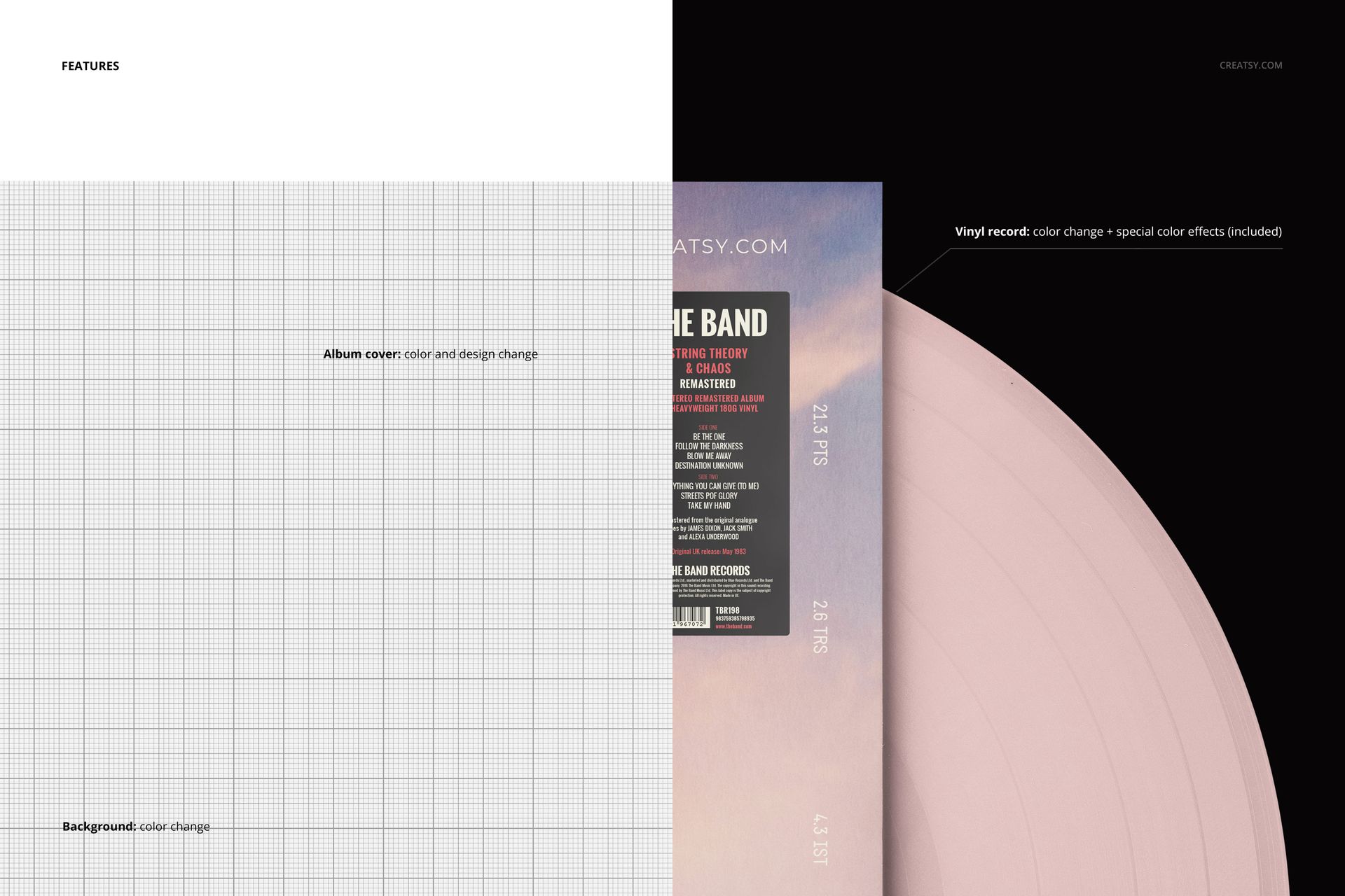 Colored vinyl record mockup displayed with a customizable album cover and a divided background highlighting editable options.