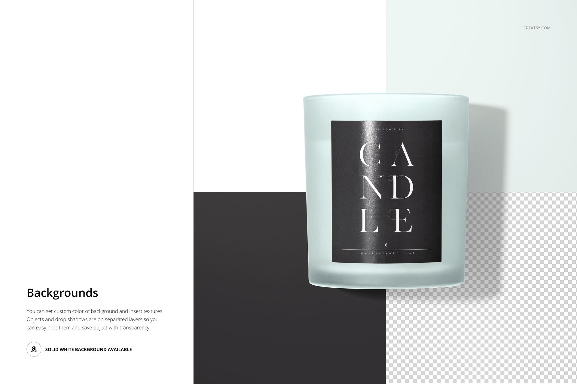 Front view of a frosted glass candle mockup with a dark label, set against a split background of white, black, and transparency.
