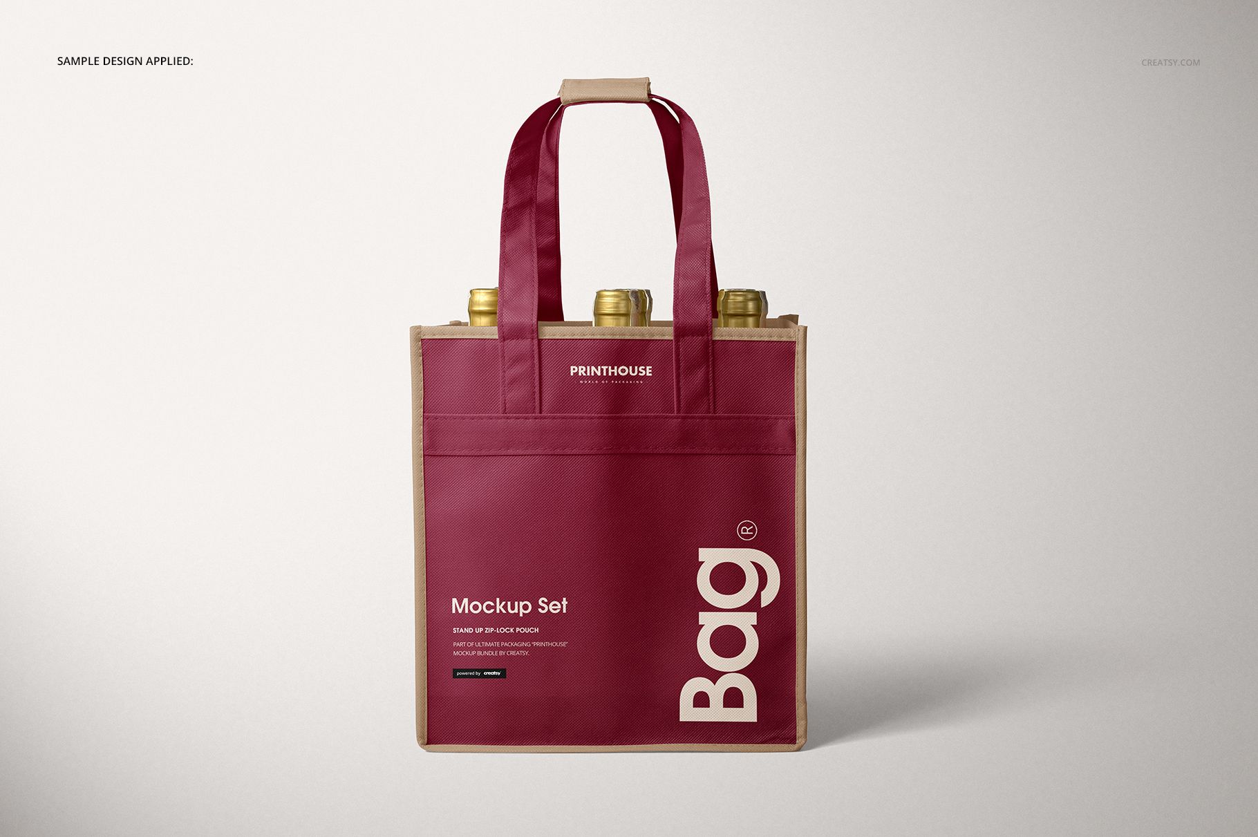 Six-bottle wine tote bag mockup in burgundy and beige, upright with visible bottle tops, shown against a neutral backdrop.