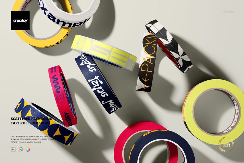 Assorted tape rolls featuring bold text and geometric patterns shown in a scattered layout, PSD mockup scene.