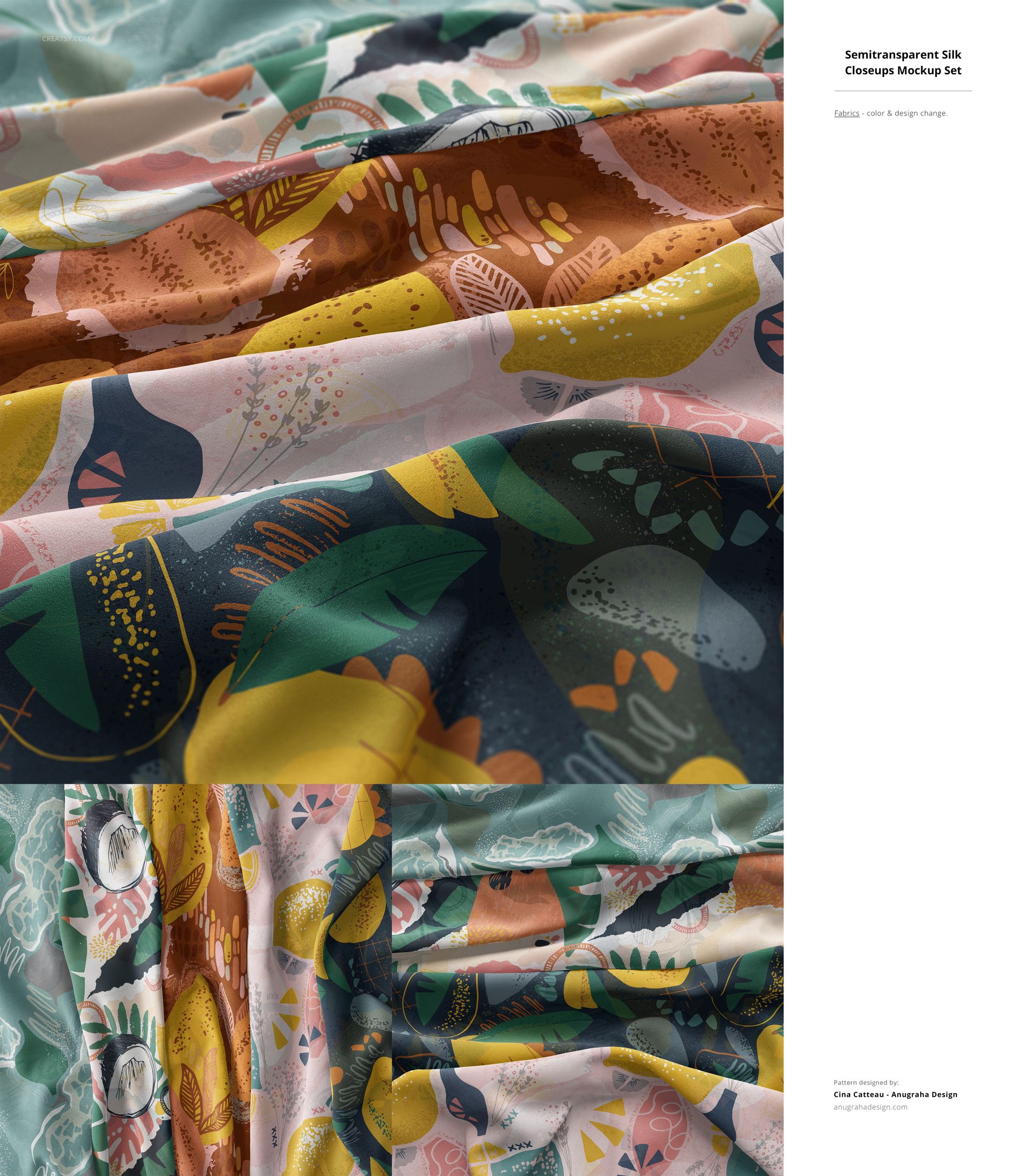 Close-up of fabric mockup featuring layered folds and vibrant botanical motifs in various shades and shapes.