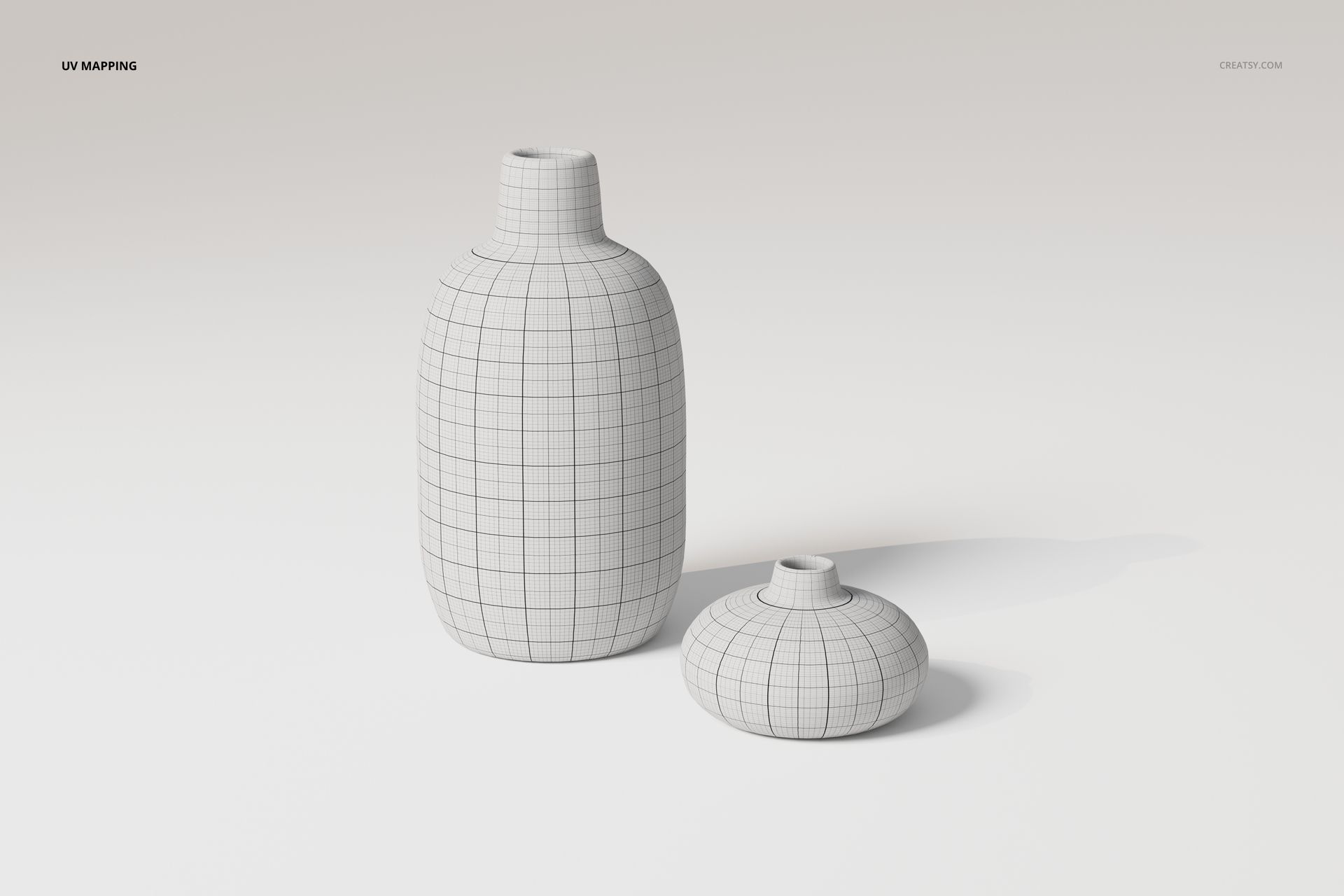 Front view of two ceramic flower vases with white UV grid texture, one tall and one short, on a plain background.