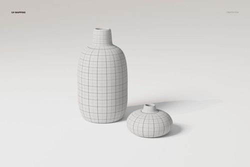 Front view of two ceramic flower vases with white UV grid texture, one tall and one short, on a plain background.
