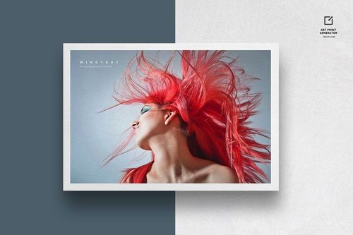 Art print mockup featuring a rectangular paper with a vivid red abstract design, shown from a front view on a split gray and white background.