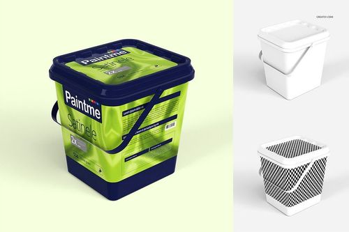 PSD mockup of a rectangular paint bucket with customizable label, displayed with three different design variations and perspectives.