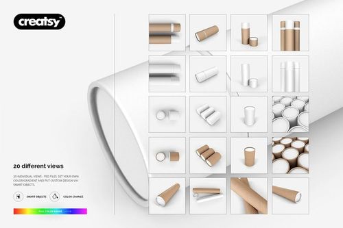 Paper tube mockup set featuring multiple cardboard tubes in white and kraft brown, shown from various angles.
