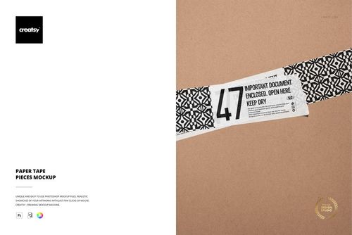 Paper tape mockup featuring a strip with bold black geometric design and printed label, positioned on kraft paper.