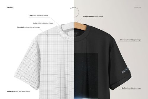 Oversized t-shirt mockup showing split design with grid pattern on left and dark graphic print on right, front view on hanger.