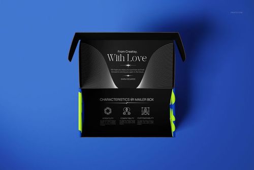 Front view of an open mailer box mockup with black interior and white text, displayed on a solid blue background.