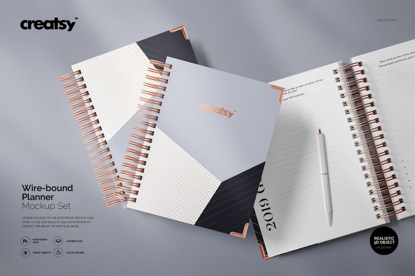 Wire-bound planner mockup set featuring two planners, one open to lined pages and one closed, with copper spiral binding.