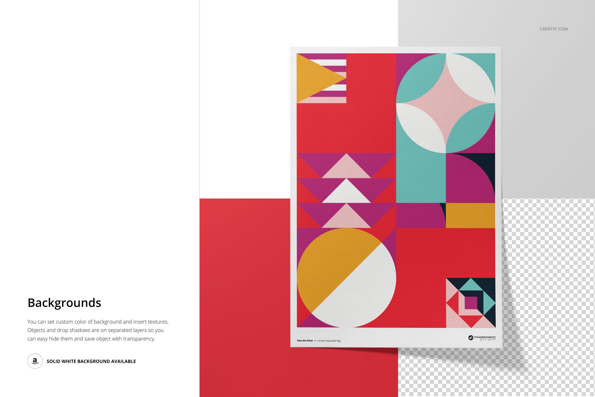 A3 fine art print mockup featuring geometric shapes in vibrant colors, displayed on a split background with white, red, and transparent sections.