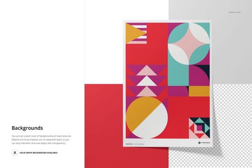 A3 fine art print mockup featuring geometric shapes in vibrant colors, displayed on a split background with white, red, and transparent sections.