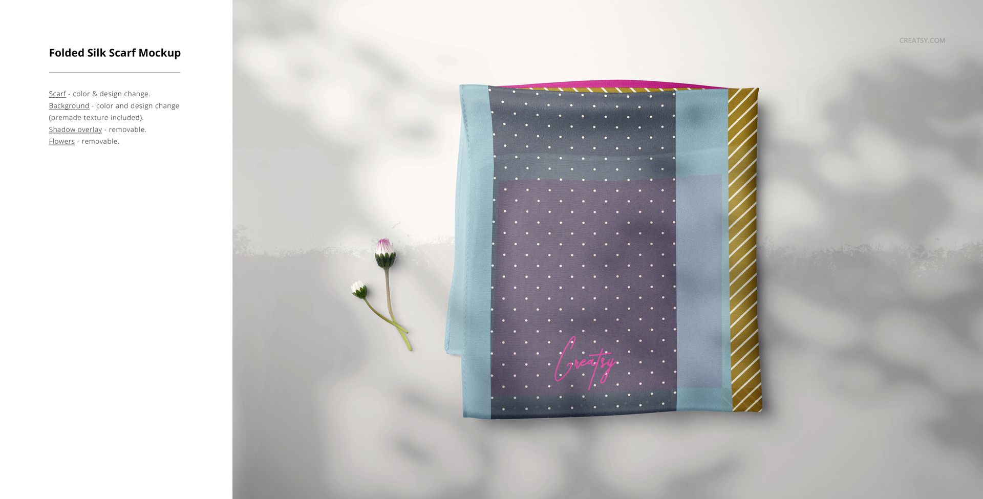 Silk scarf mockup displayed flat with a purple center, blue edges, and yellow stripes, photographed from an overhead angle.