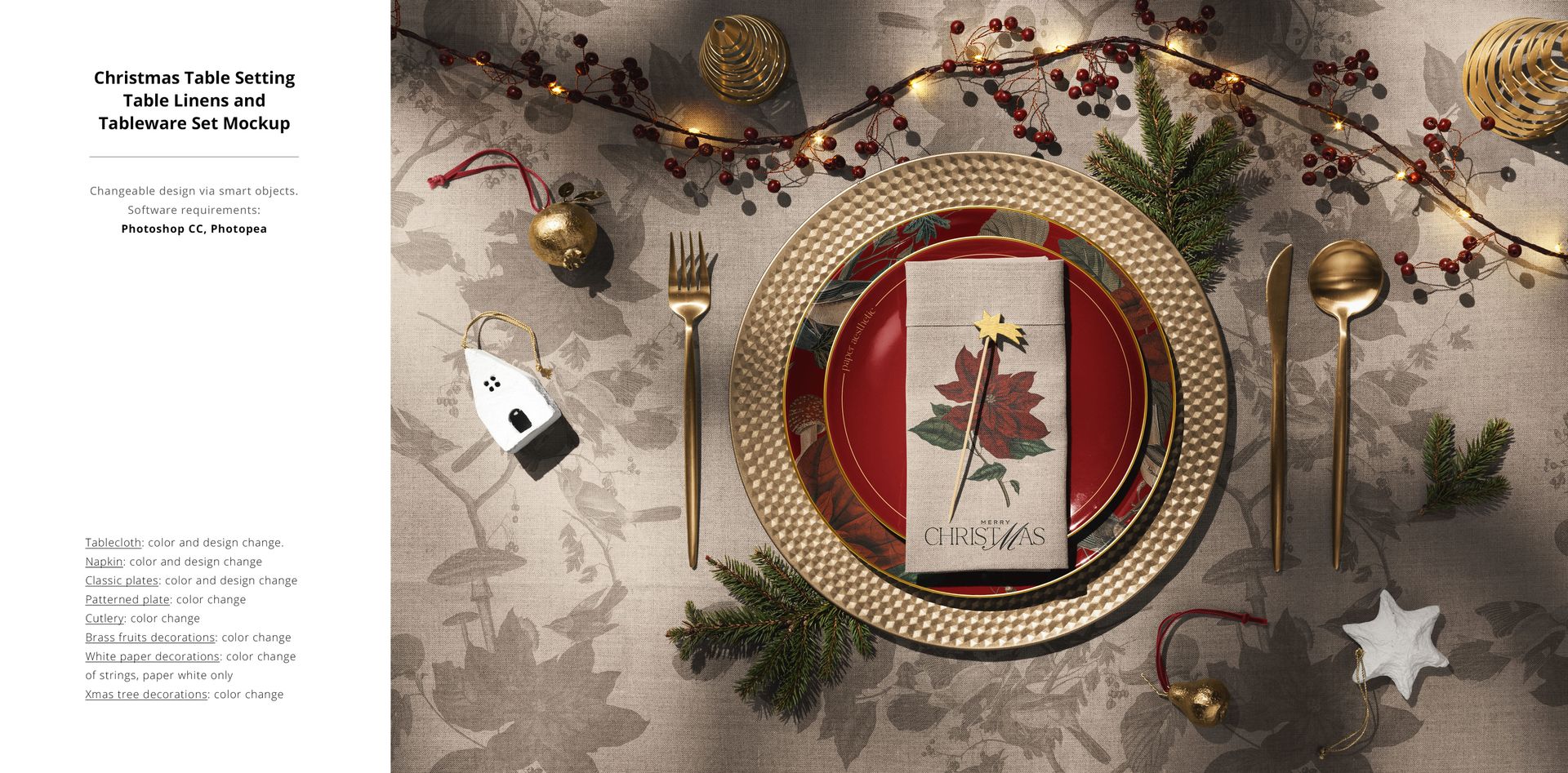 Festive tableware arrangement featuring a holiday napkin, red plate, gold charger, and seasonal props in a PSD mockup.