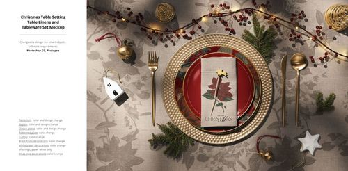 Festive tableware arrangement featuring a holiday napkin, red plate, gold charger, and seasonal props in a PSD mockup.