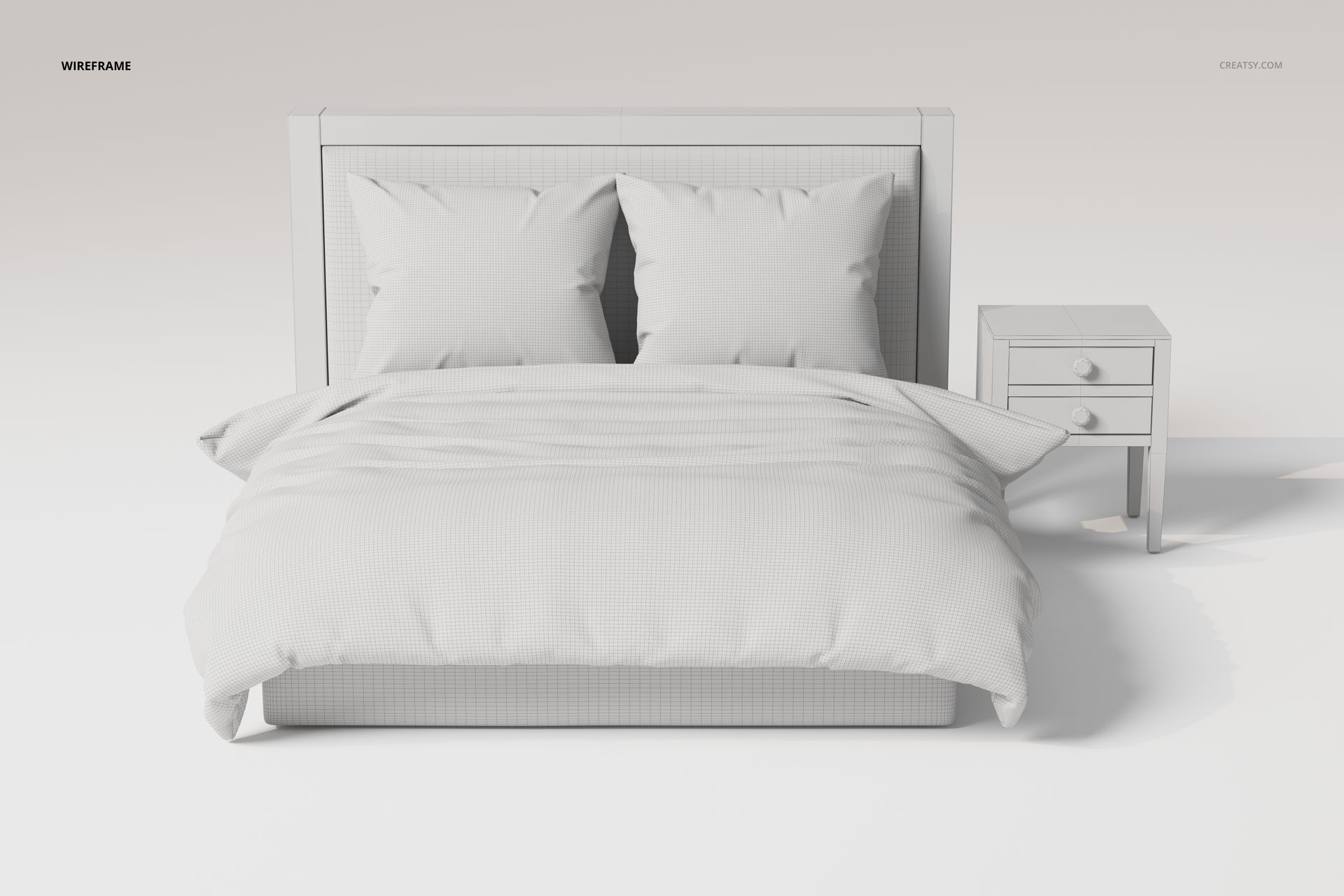Front view of a continental bed with two large pillows and a matching nightstand, all in a white wireframe style on a plain background.