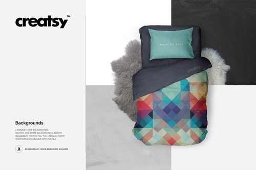 PSD mockup of a single bed set featuring a colorful diamond pattern duvet and solid pillows, viewed from above.