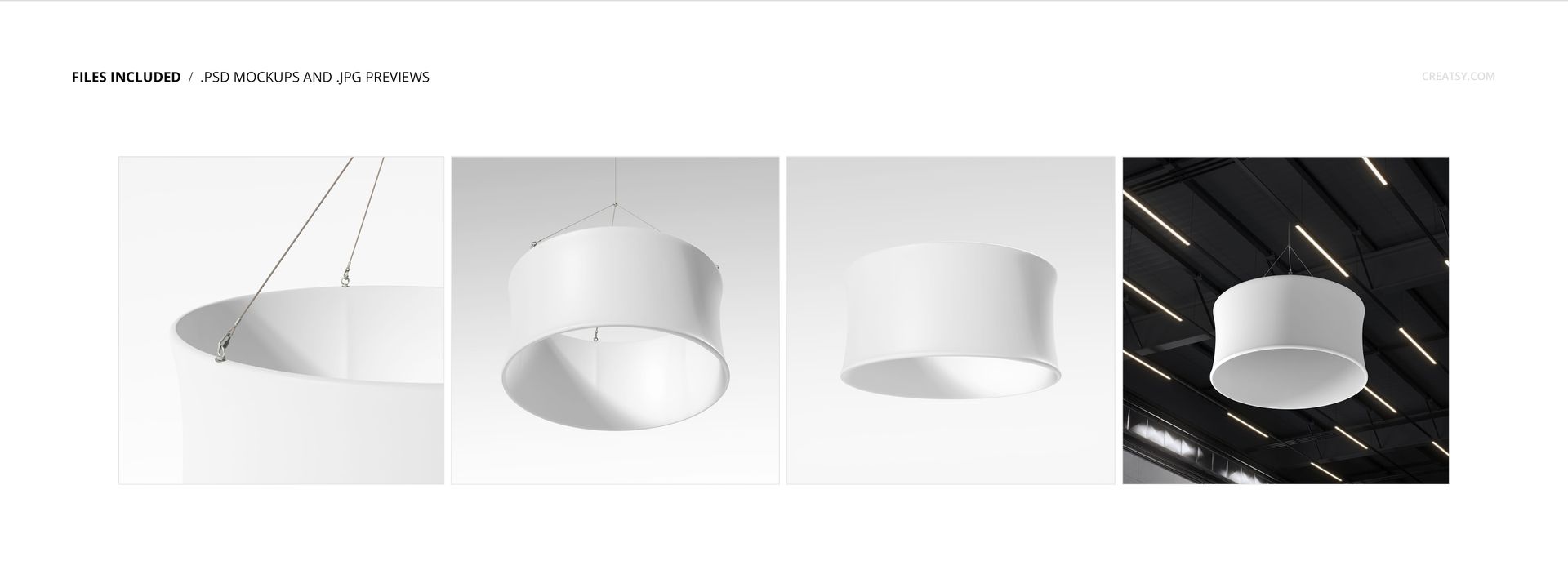 PSD mockup of a 5x5x2.5 ft circular display banner suspended indoors, highlighting its smooth surface and minimal design.