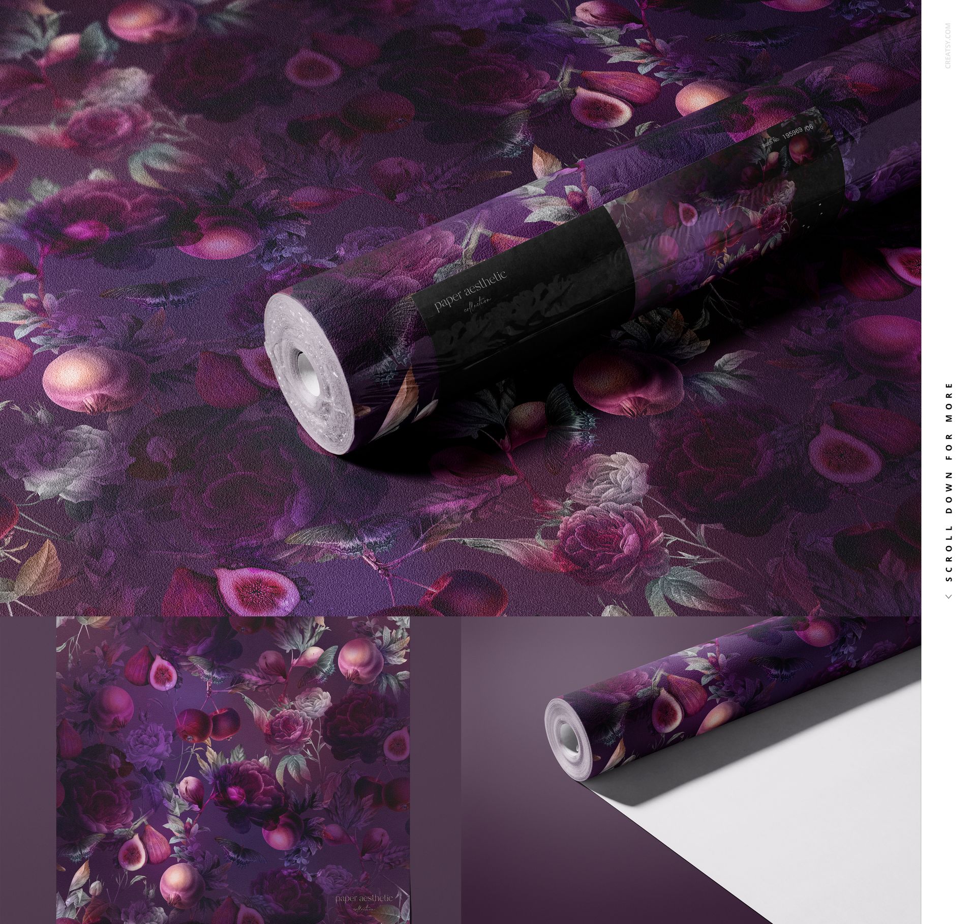 Close-up of a non-woven vinyl wallpaper mockup featuring deep purple flowers and fruit, displayed in a rolled sheet.