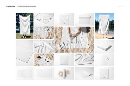 Collage of beach towel mockup scenes, including towels laid flat, folded, hanging, and placed on sand with summer props.