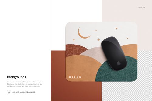 Top view of a rectangular mouse pad mockup featuring curved shapes in brown and orange, with a wireless mouse placed on it.