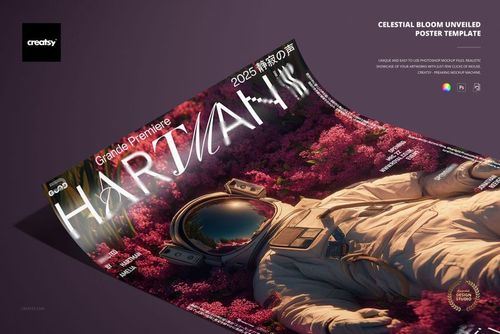 Curved poster mockup displaying an astronaut in a field of pink blossoms, accented by large modern typography.
