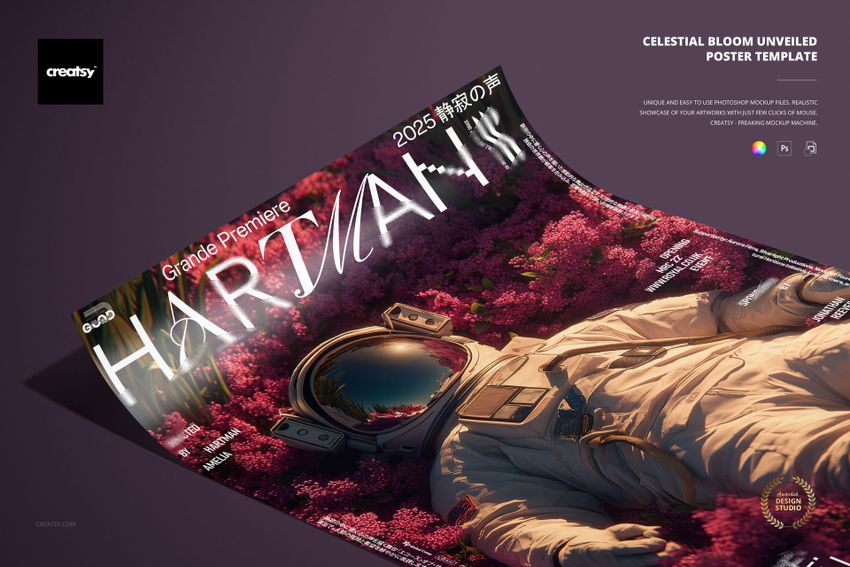 Curved poster mockup displaying an astronaut in a field of pink blossoms, accented by large modern typography.