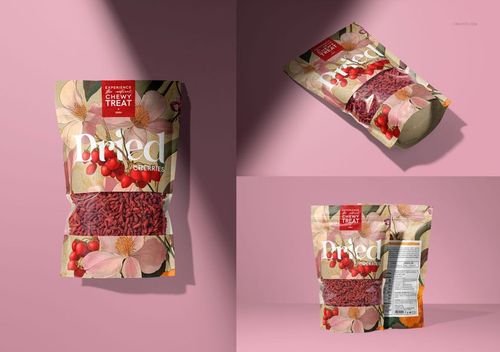 Mockup of a paper pouch filled with dried goji berries, displayed upright, flat, and rear view with label details.