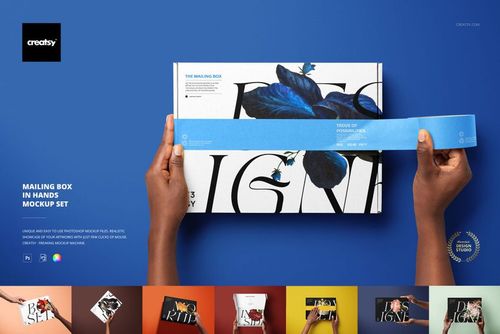 Mailing box mockup featuring a white box with black text and blue flower detail, held by hands on a blue surface.