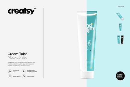 Cream tube mockup featuring a glossy white tube with teal accents, displayed vertically against a minimalist backdrop.