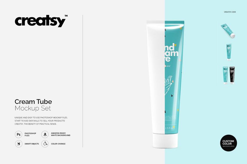 Cream tube mockup featuring a glossy white tube with teal accents, displayed vertically against a minimalist backdrop.