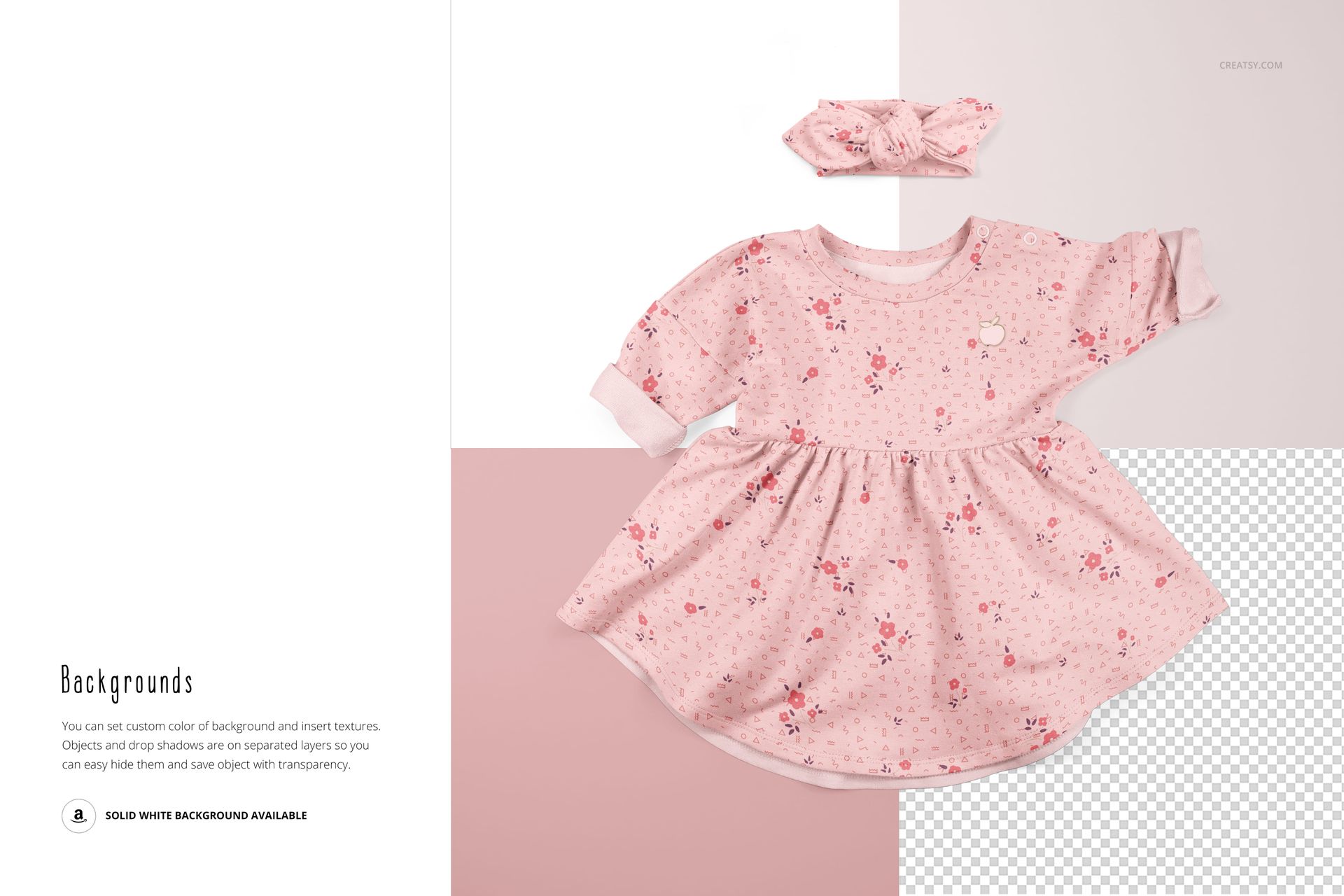 Floral patterned pink baby dress and headband set shown from above, with mockup layers and editable background options.