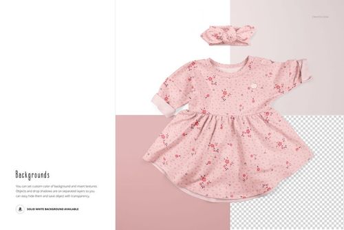 Floral patterned pink baby dress and headband set shown from above, with mockup layers and editable background options.