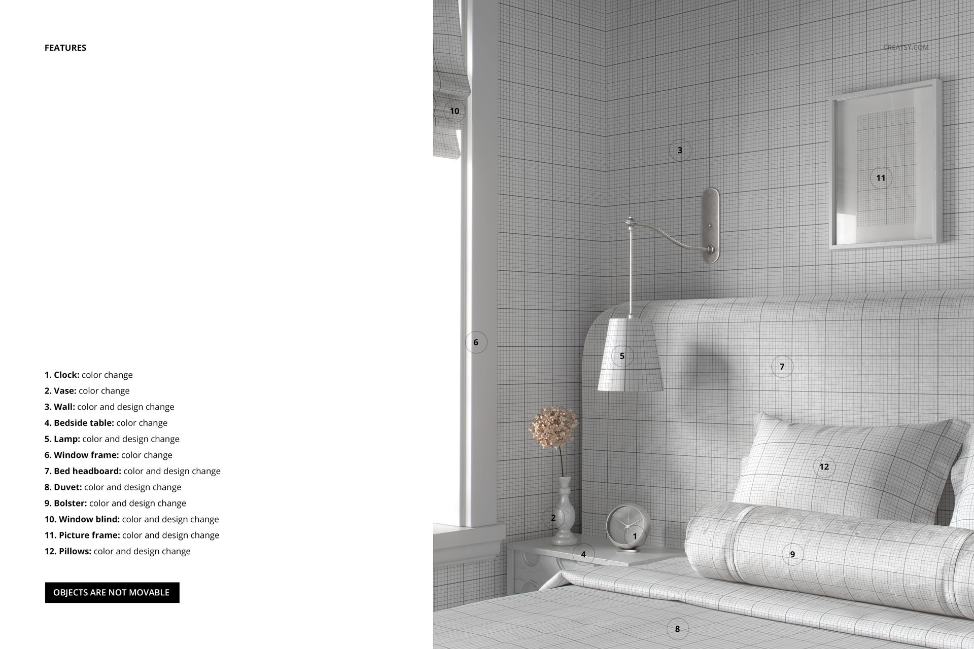 Front view of a bedroom mockup featuring a bed with a patterned headboard, pillows, and a bolster in a grid design.