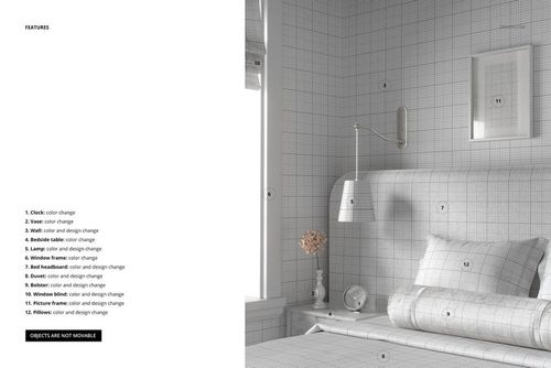 Front view of a bedroom mockup featuring a bed with a patterned headboard, pillows, and a bolster in a grid design.