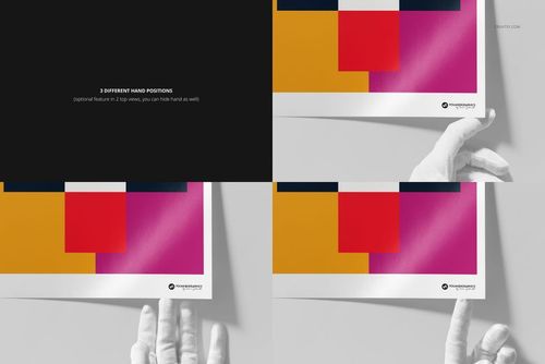 A3 fine art print mockup featuring a geometric pattern in magenta, red, yellow, and black, shown with gloved hands.