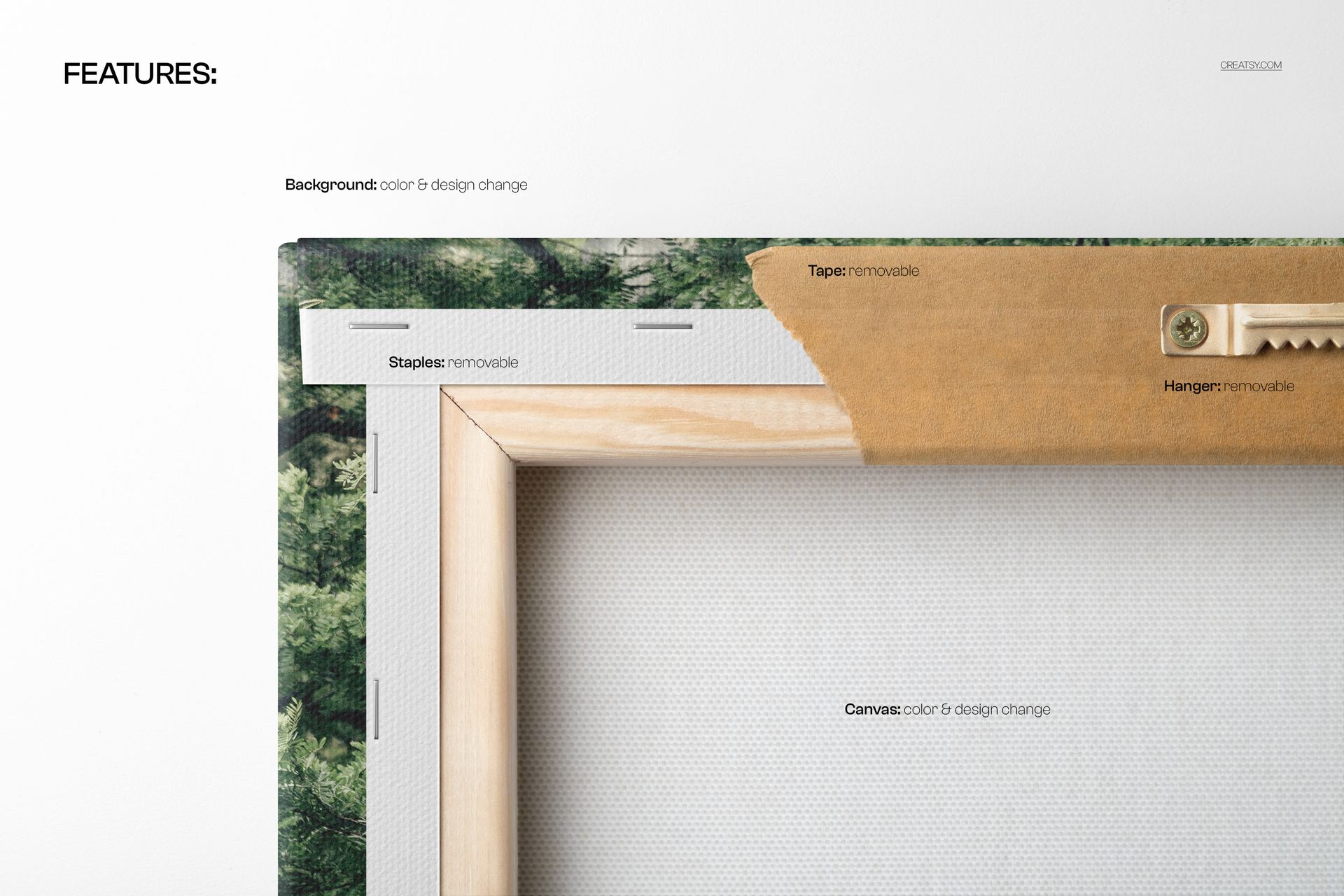 Close-up view of a cotton satin canvas print mockup showing the gallery wrap edge, staples, and removable hanger.