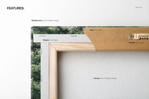 Close-up view of a cotton satin canvas print mockup showing the gallery wrap edge, staples, and removable hanger.