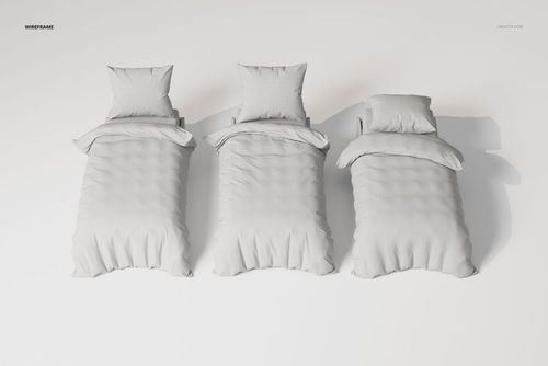 Three single bed bedding sets in light gray, shown from a top view on a white background with visible pillow shapes.