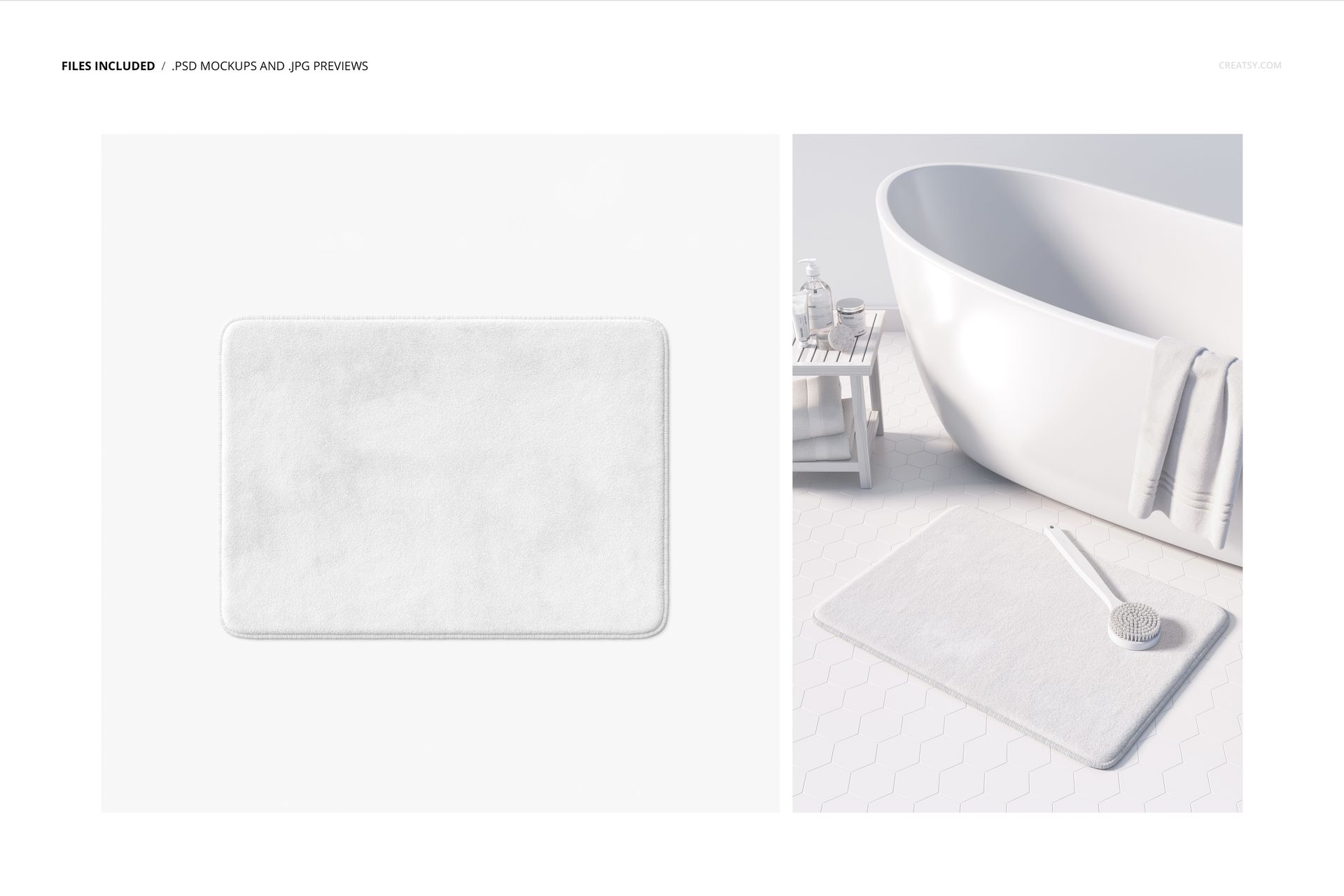 White rectangular plush bath rug shown in a PSD mockup, featuring a top view and a scene beside a bathtub.