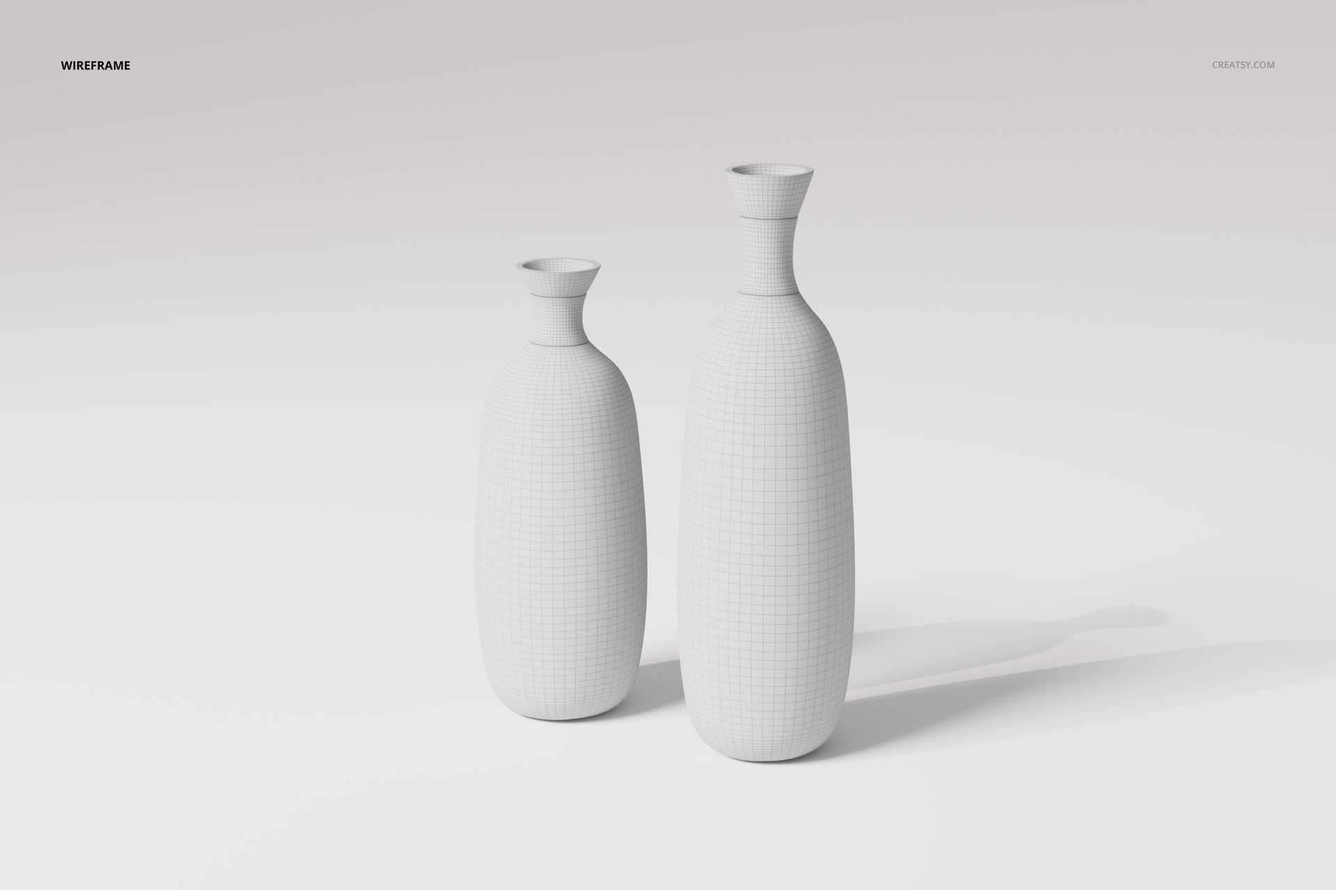 Front view of two clear glass vases with a wireframe texture, standing side by side on a plain white surface.